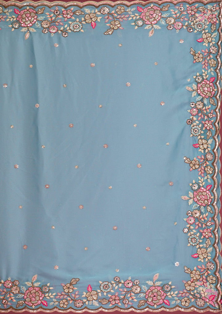 White Threadwork Georgette Readymade Lehenga-Koskii