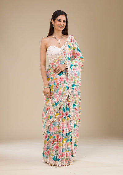 White Threadwork Georgette Saree-Koskii