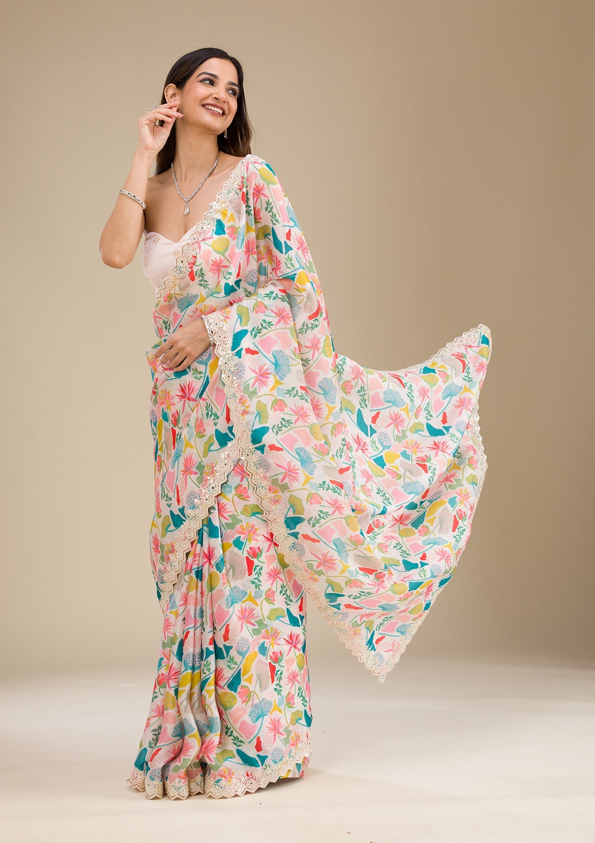 White Threadwork Georgette Saree-Koskii