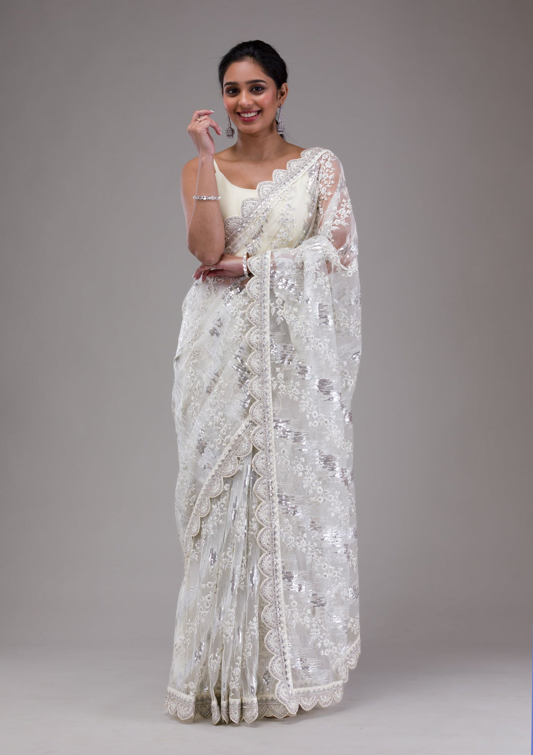 White Threadwork Net Saree-Koskii