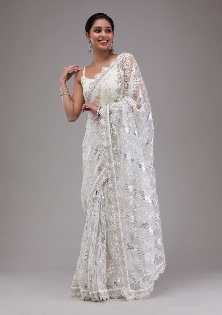 White Threadwork Net Saree-Koskii