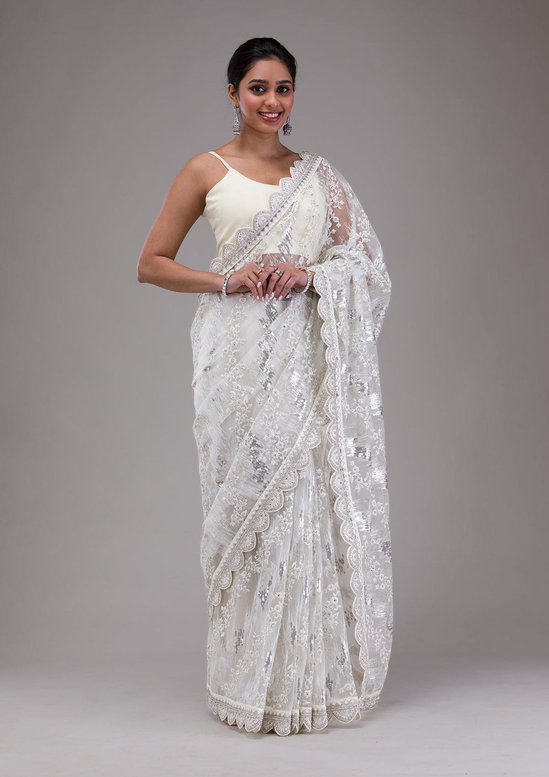White Threadwork Net Saree-Koskii