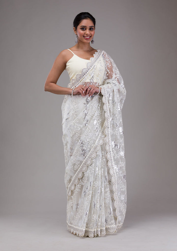 White Threadwork Net Saree-Koskii