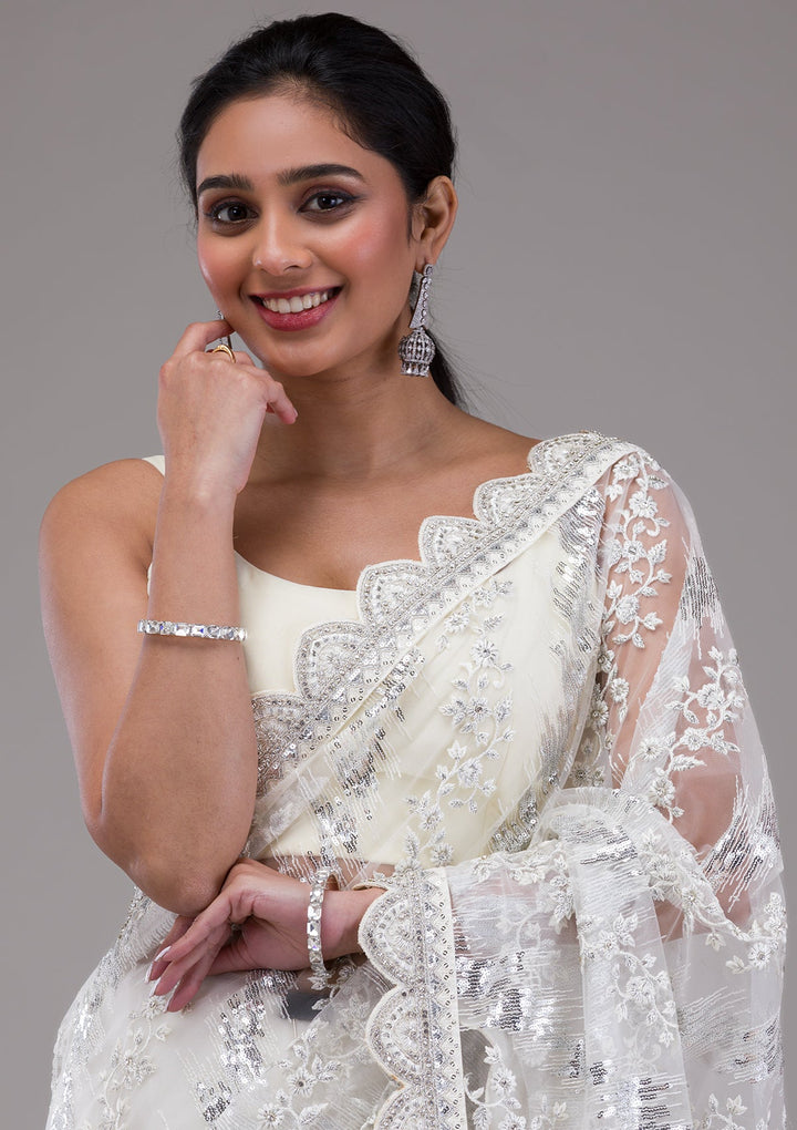 White Threadwork Net Saree-Koskii
