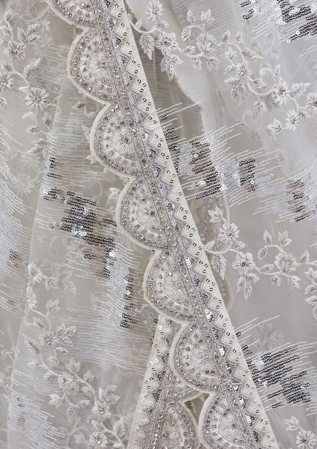 White Threadwork Net Saree-Koskii