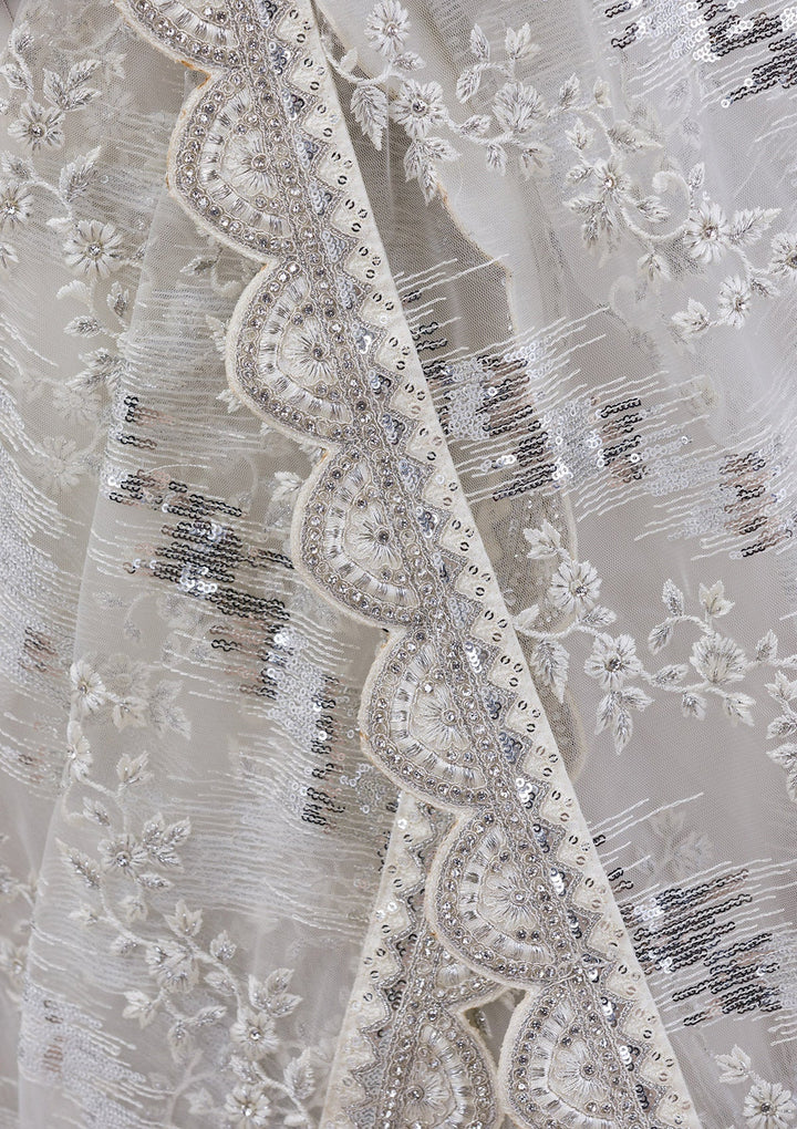 White Threadwork Net Saree-Koskii