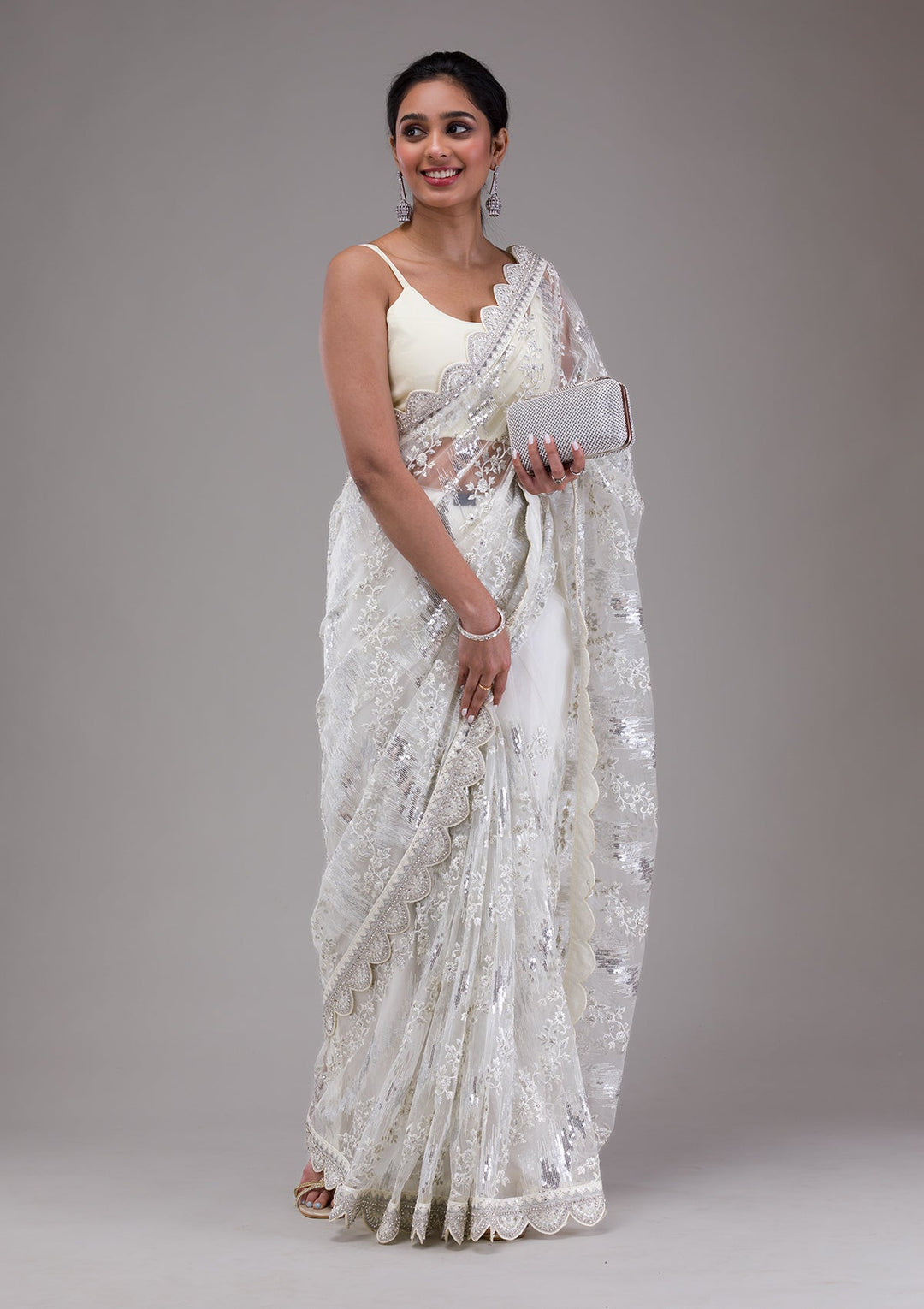 White Threadwork Net Saree-Koskii