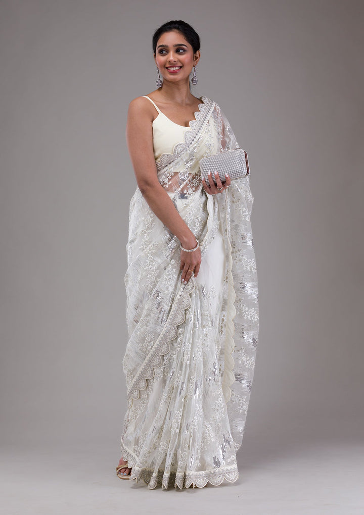 White Threadwork Net Saree-Koskii
