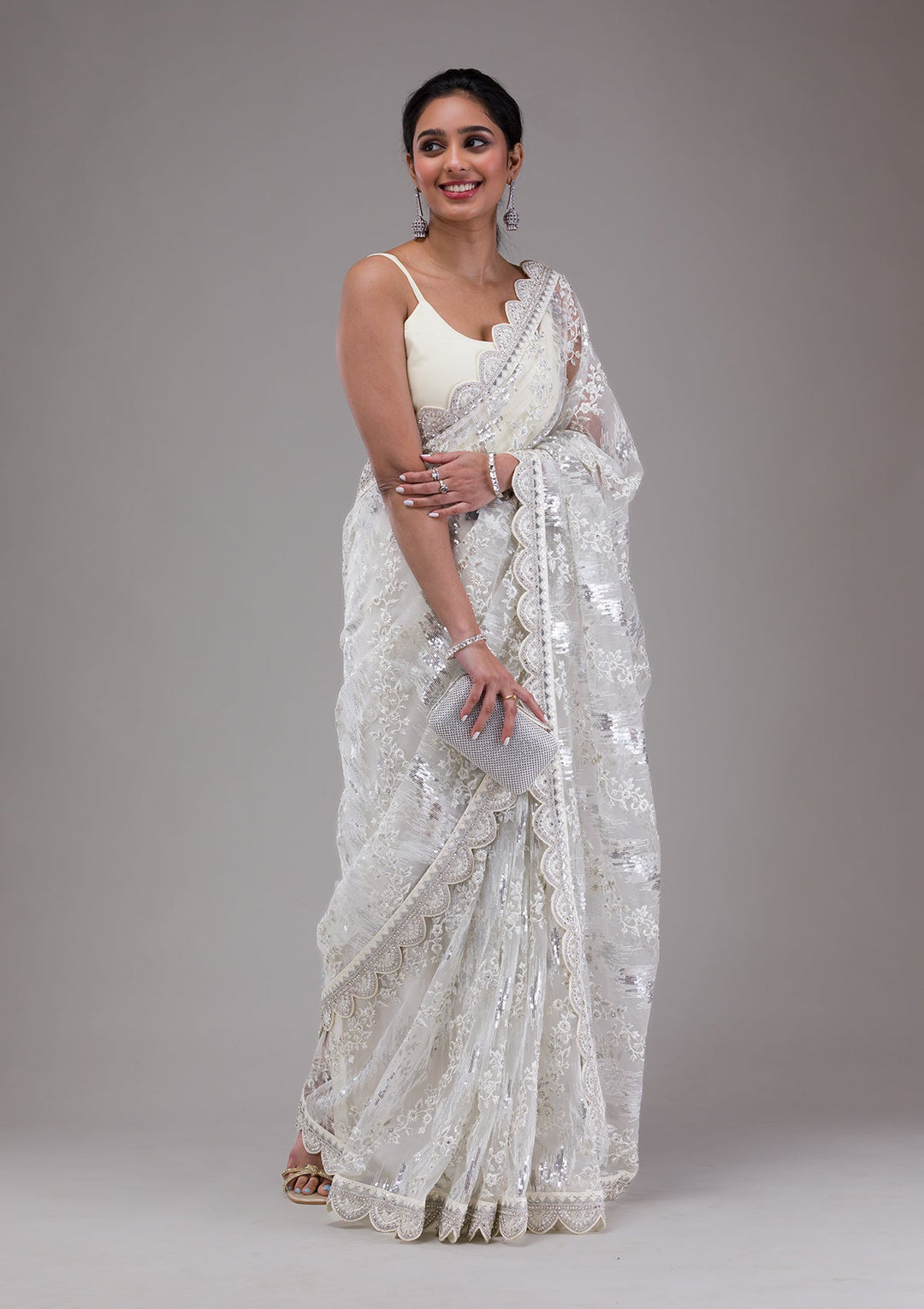 White Threadwork Net Saree-Koskii