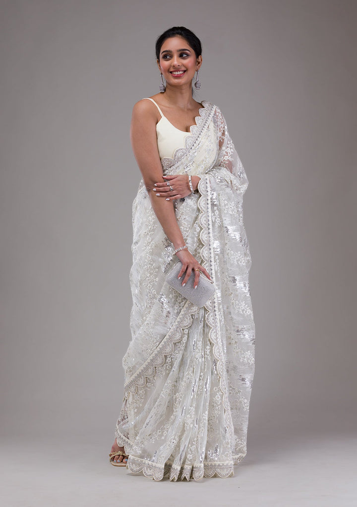 White Threadwork Net Saree-Koskii