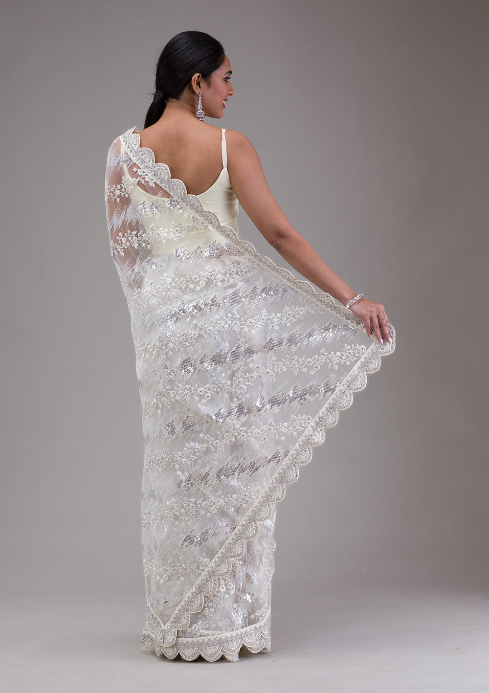 White Threadwork Net Saree-Koskii