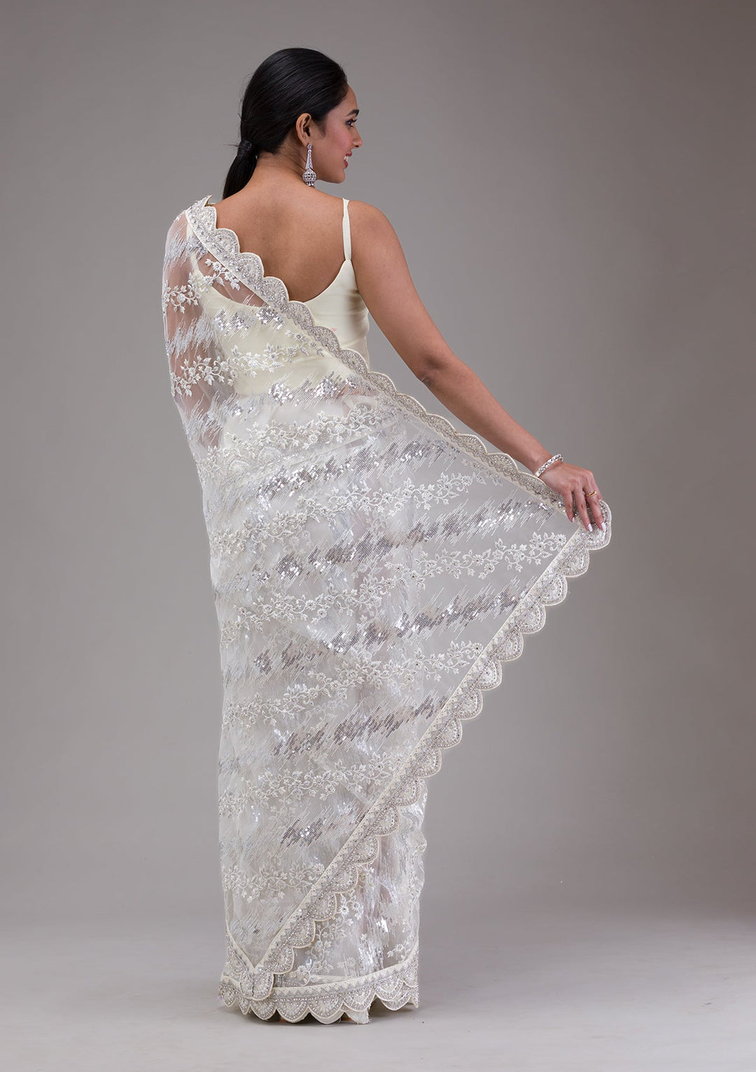 White Threadwork Net Saree-Koskii