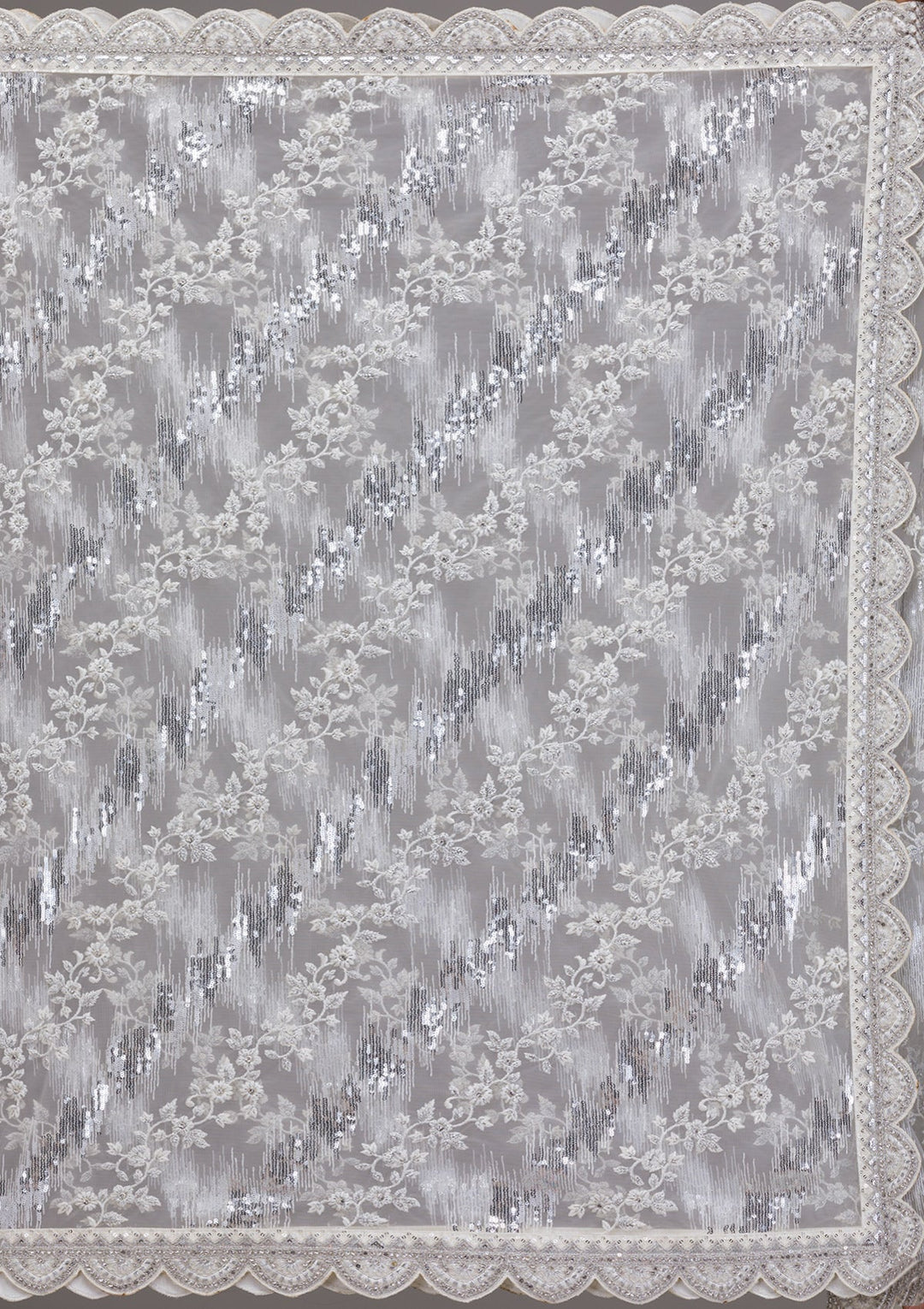 White Threadwork Net Saree-Koskii