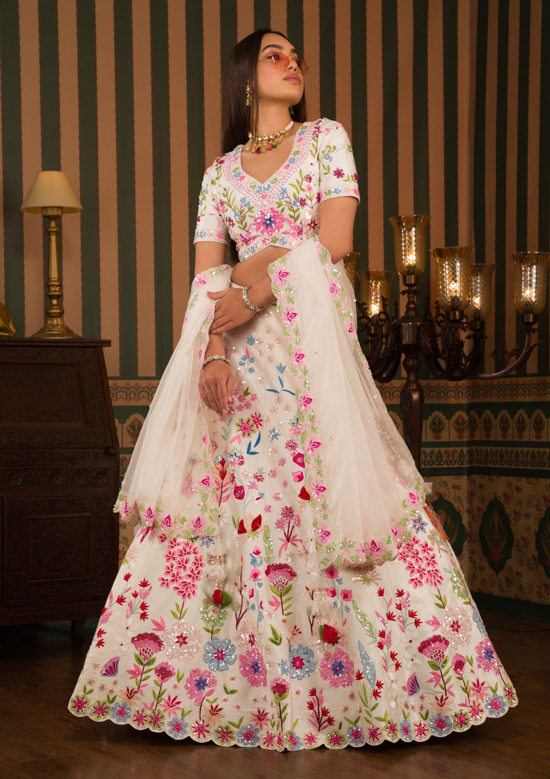 White Threadwork Raw Silk Readymade Lehenga-Koskii