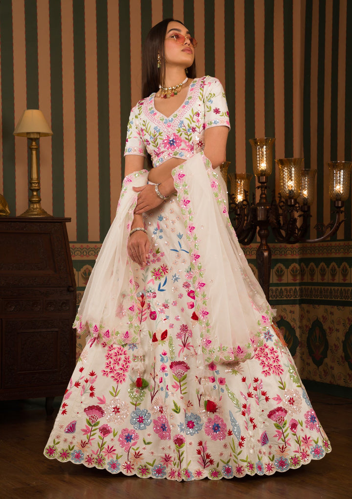 White Threadwork Raw Silk Readymade Lehenga-Koskii
