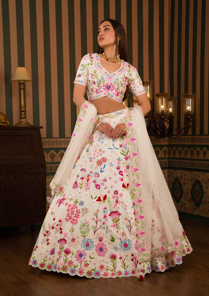 White Threadwork Raw Silk Readymade Lehenga-Koskii