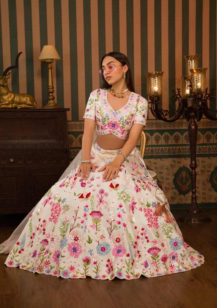 White Threadwork Raw Silk Readymade Lehenga-Koskii