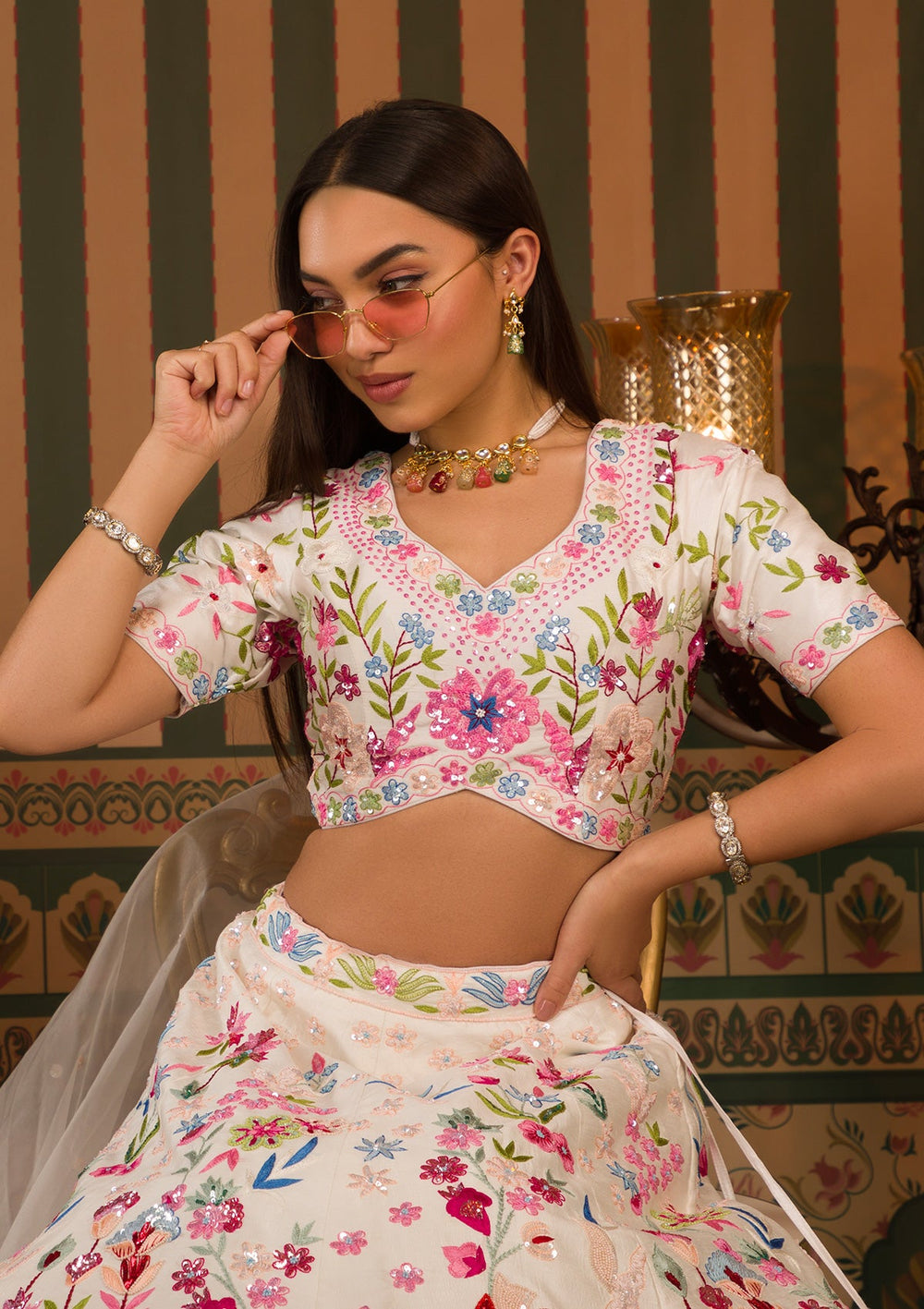 White Threadwork Raw Silk Readymade Lehenga-Koskii