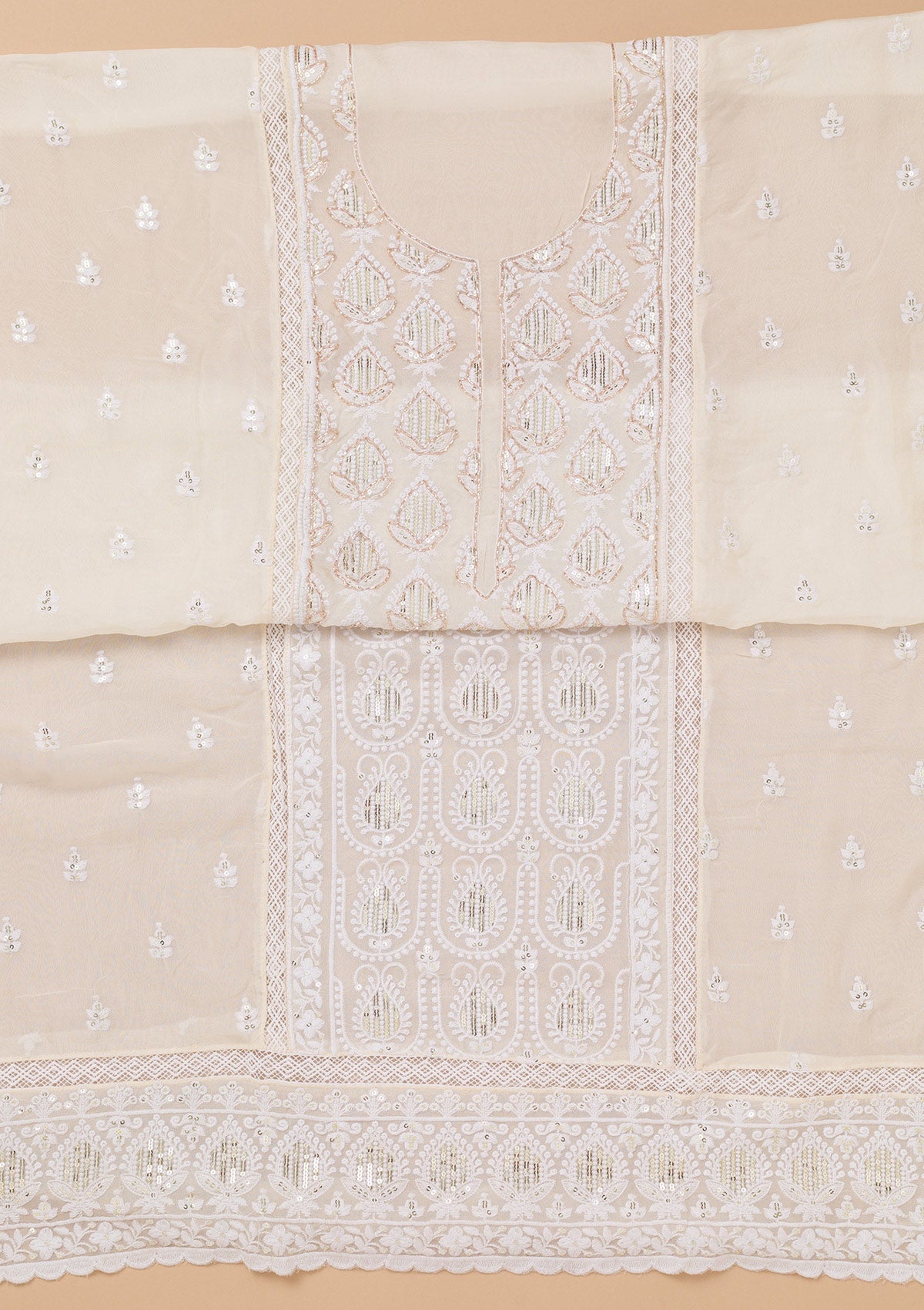 White Threadwork Semi Crepe Unstitched Salwar Suit-Koskii