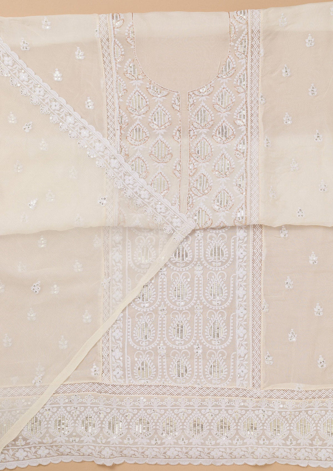 White Threadwork Semi Crepe Unstitched Salwar Suit-Koskii
