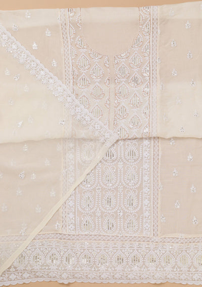 White Threadwork Semi Crepe Unstitched Salwar Suit-Koskii