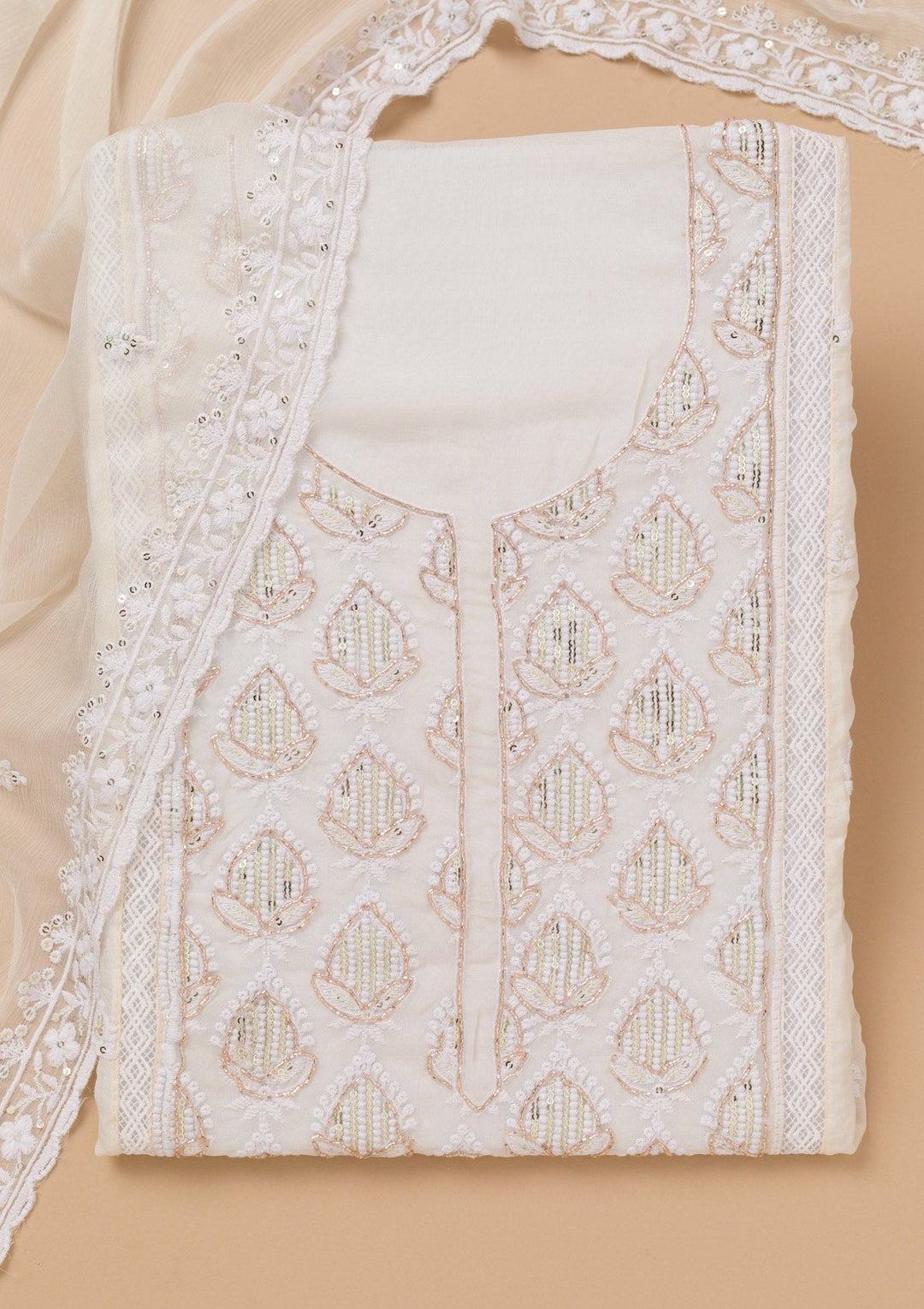 White Threadwork Semi Crepe Unstitched Salwar Suit-Koskii