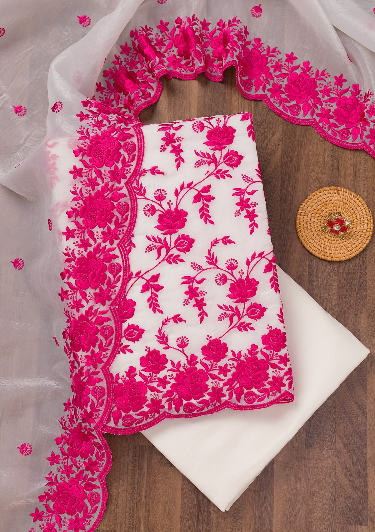 White Threadwork Tissue Unstitched Salwar Suit-Koskii