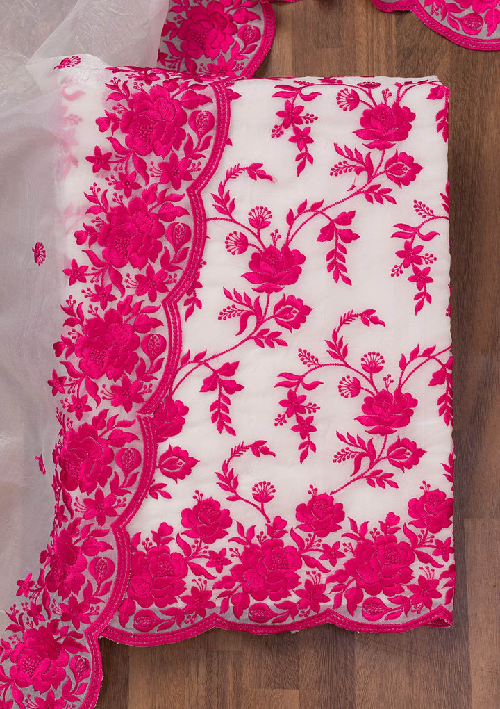 White Threadwork Tissue Unstitched Salwar Suit-Koskii