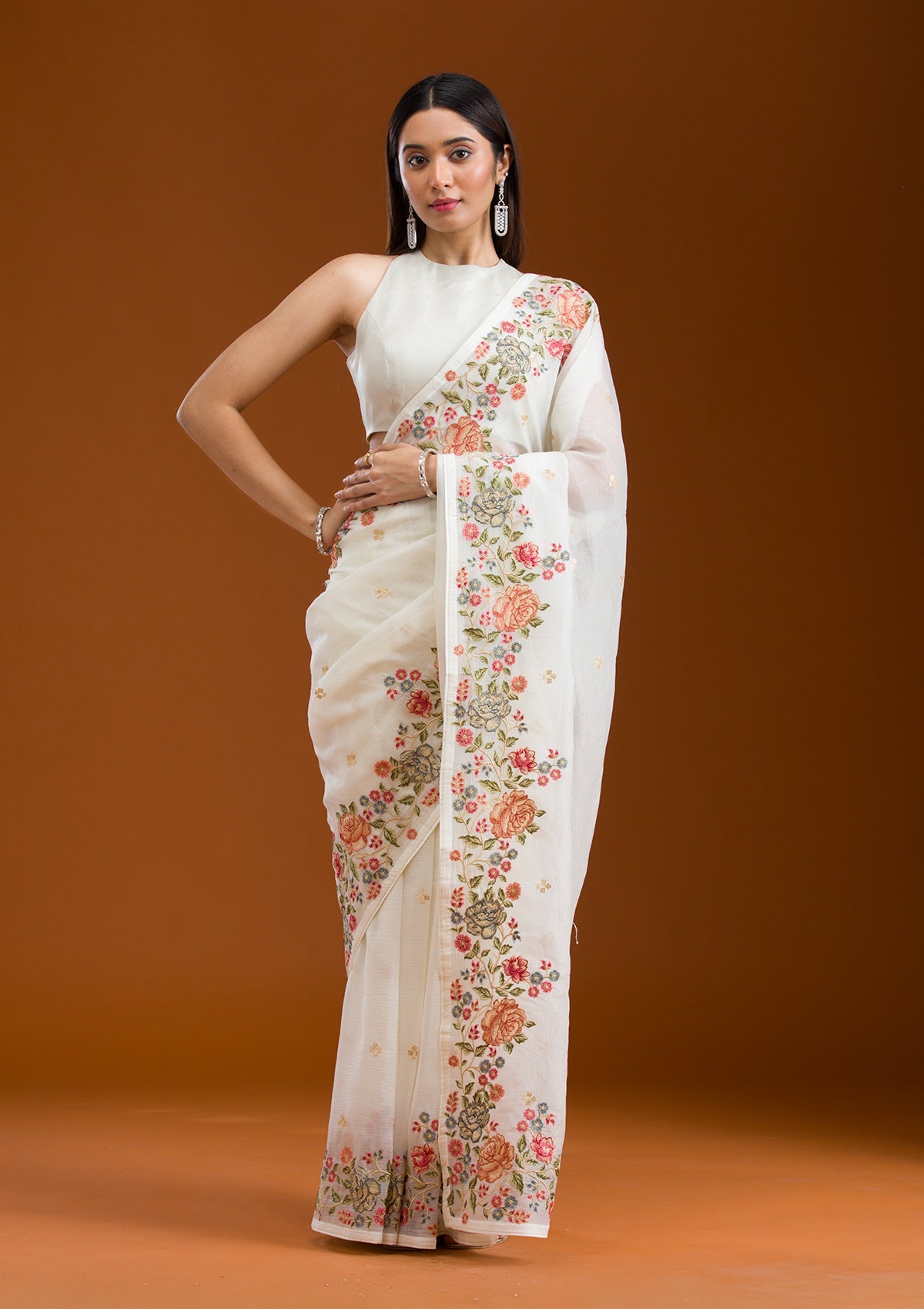 White Threadwork Tissue Saree-Koskii