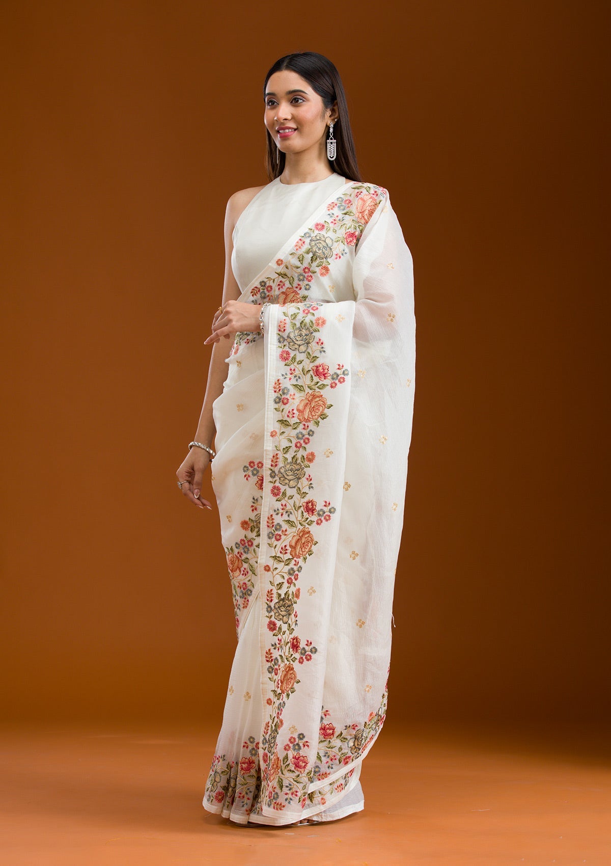 White Threadwork Tissue Saree-Koskii