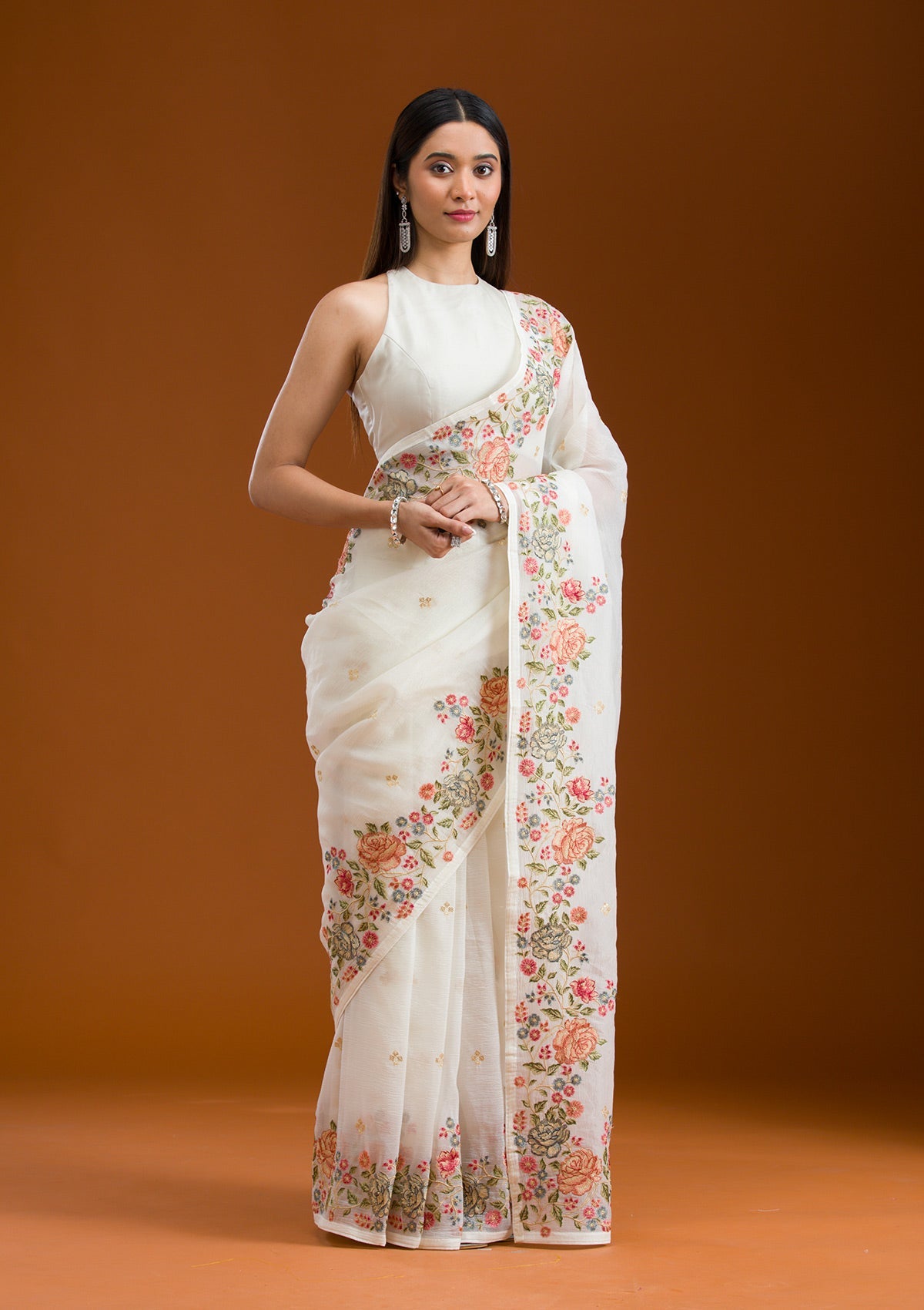 White Threadwork Tissue Saree-Koskii