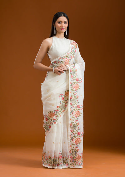 White Threadwork Tissue Saree-Koskii