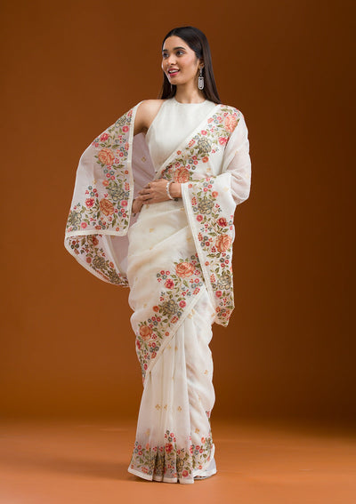 White Threadwork Tissue Saree-Koskii