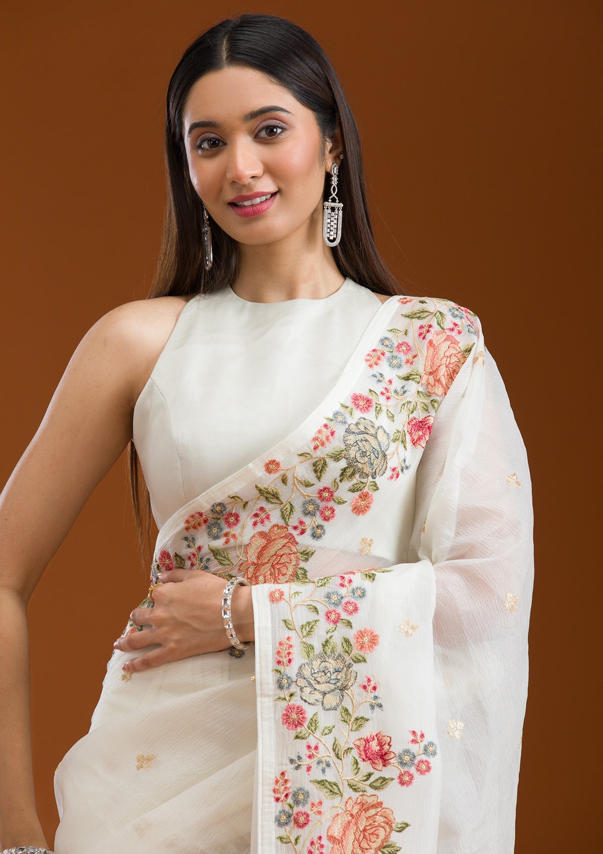 White Threadwork Tissue Saree-Koskii