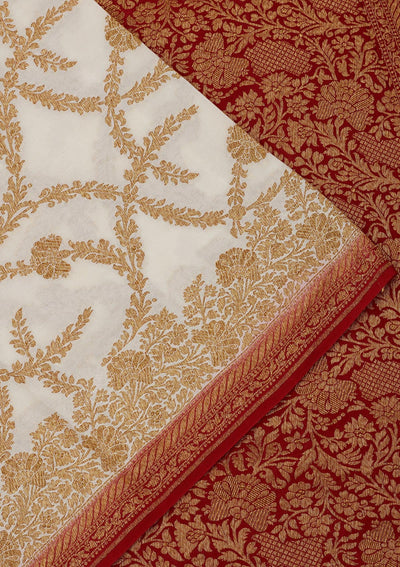 White Zariwork Pure Silk Saree-Koskii