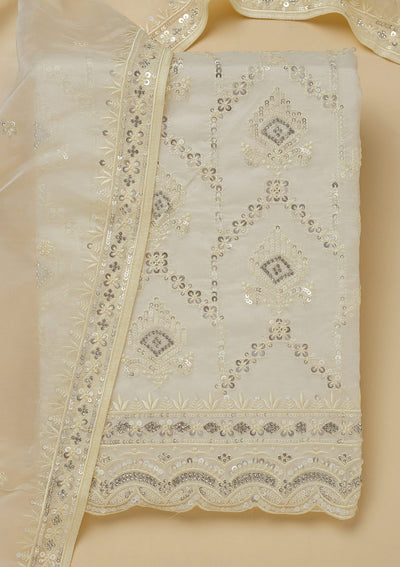 White Zariwork Tissue Unstitched Salwar Suit-Koskii