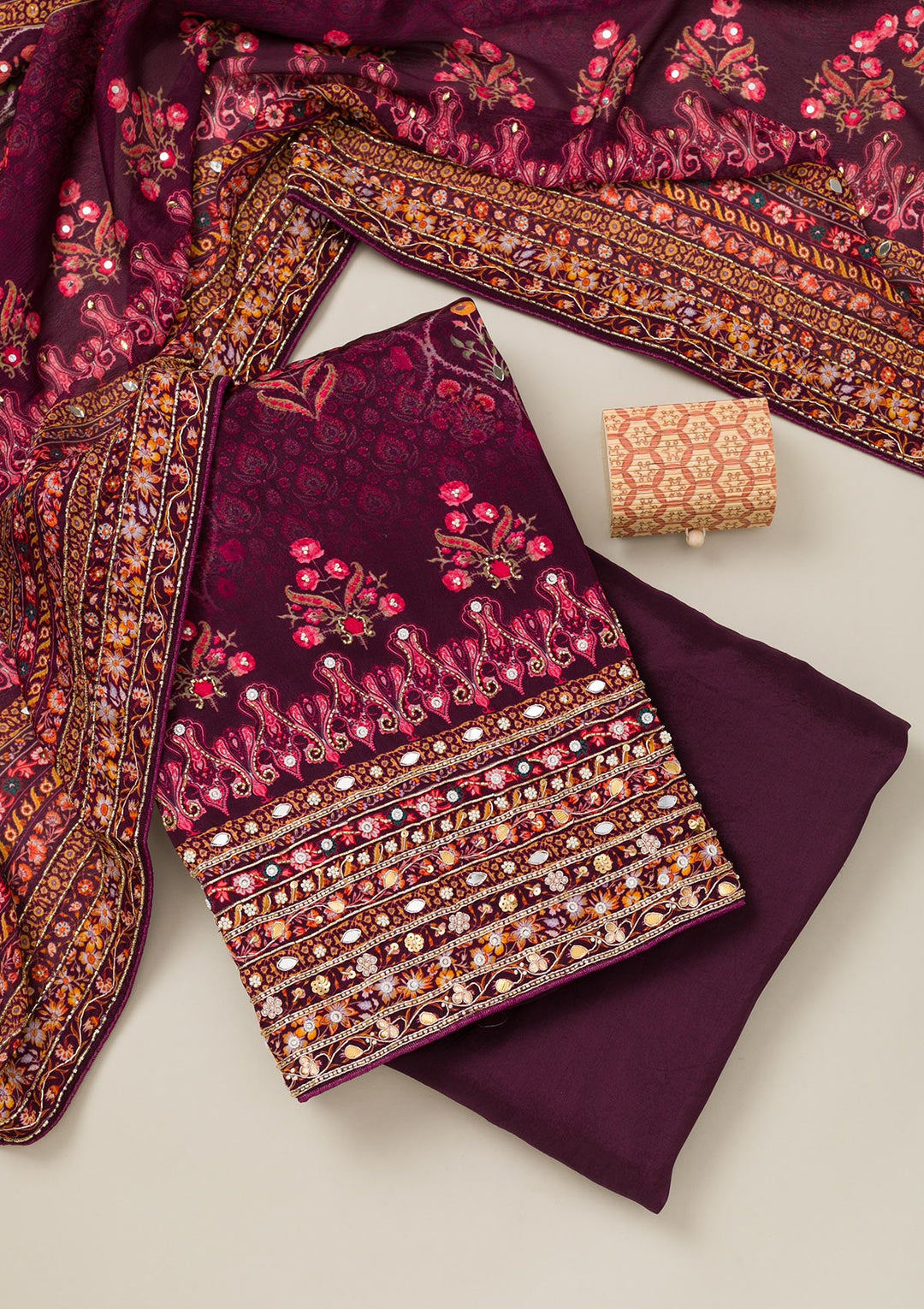 Wine Cutdana Crepe Unstitched Salwar Suit-Koskii