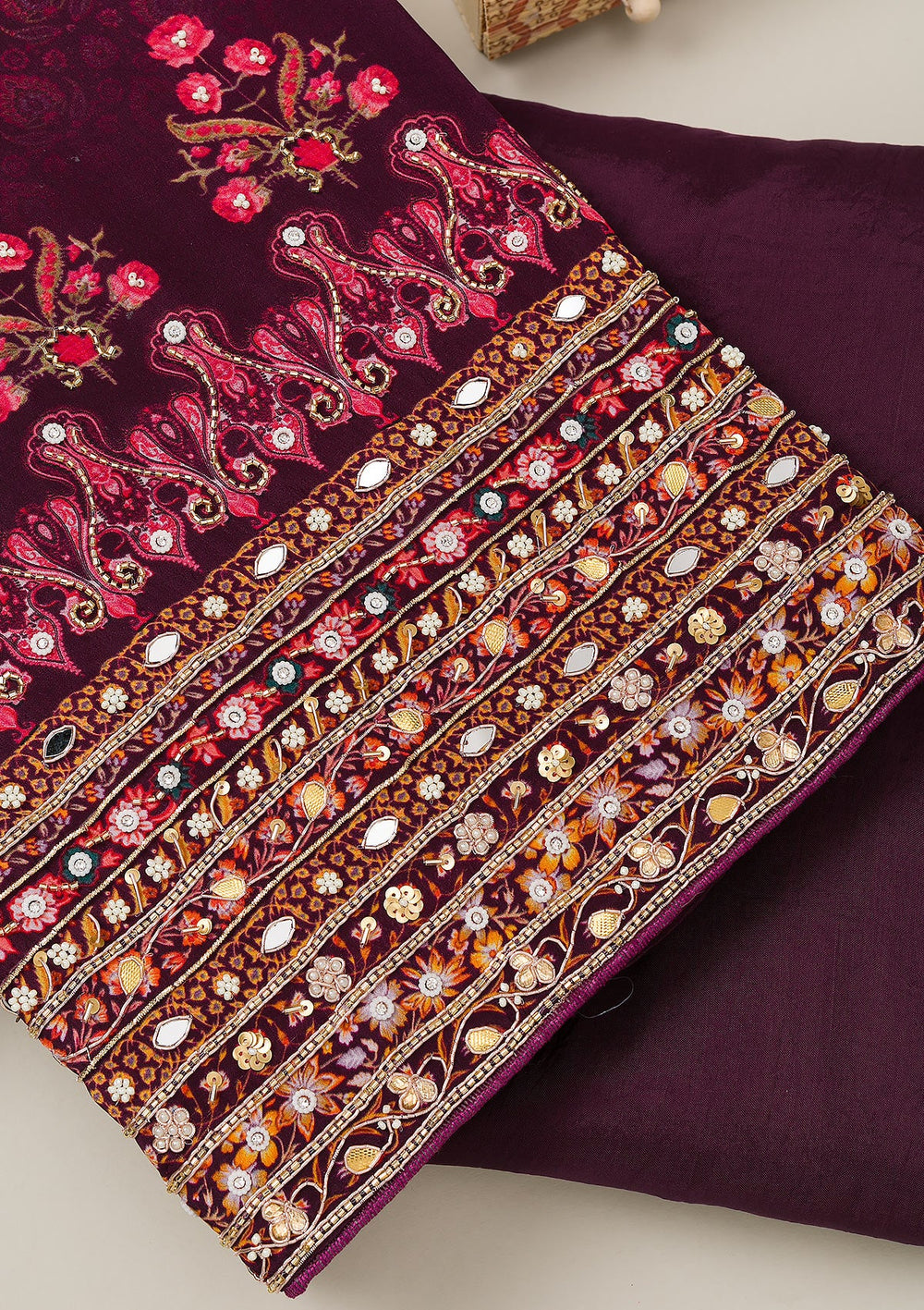 Wine Cutdana Crepe Unstitched Salwar Suit-Koskii