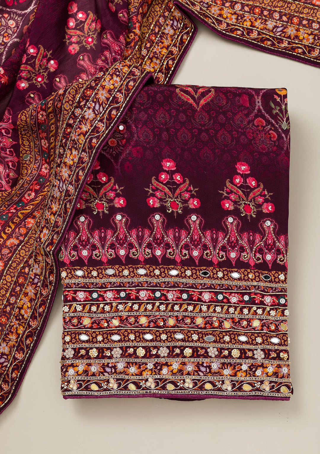 Wine Cutdana Crepe Unstitched Salwar Suit-Koskii