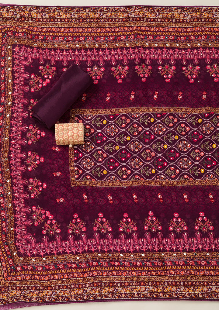 Wine Cutdana Crepe Unstitched Salwar Suit-Koskii