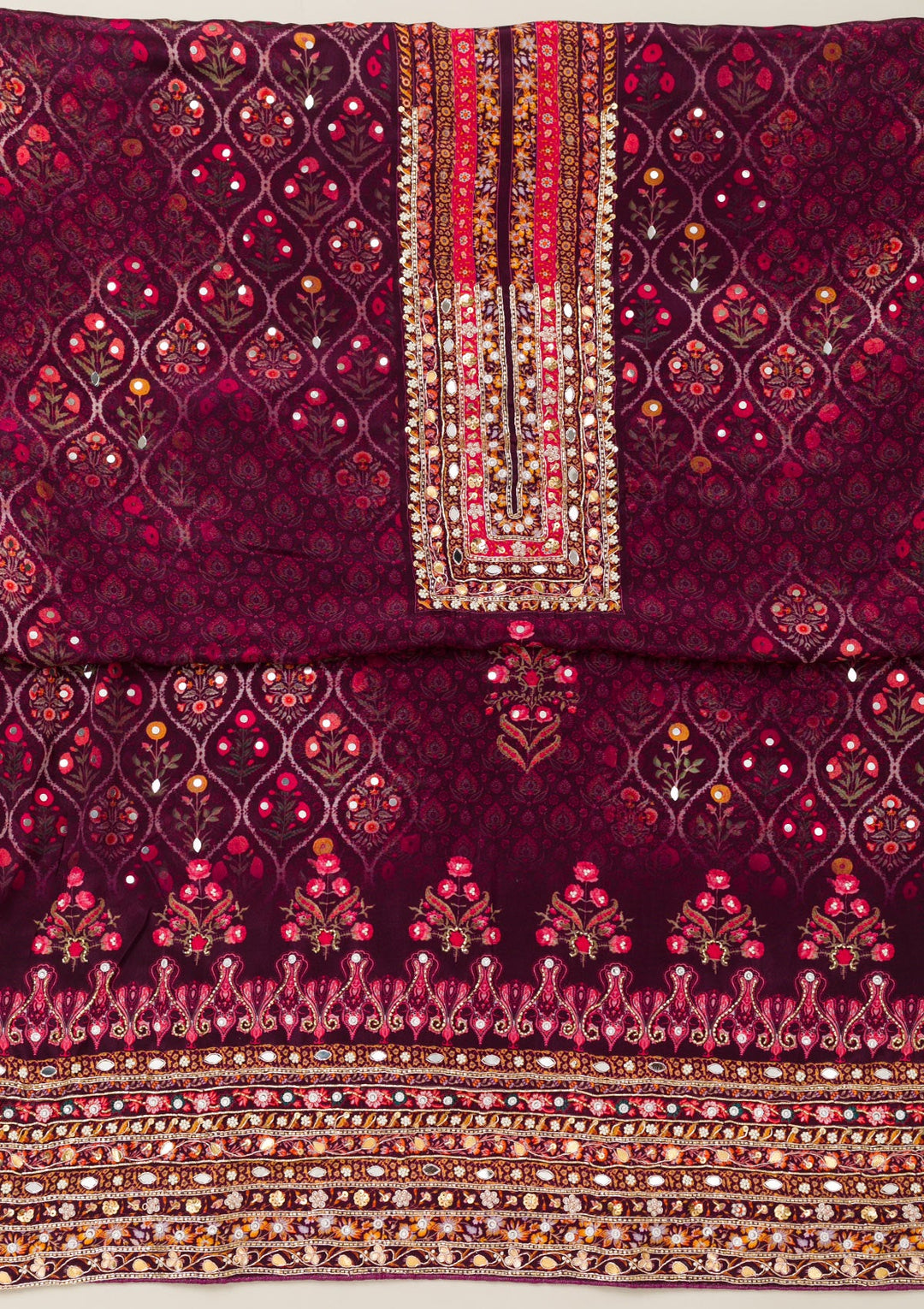 Wine Cutdana Crepe Unstitched Salwar Suit-Koskii