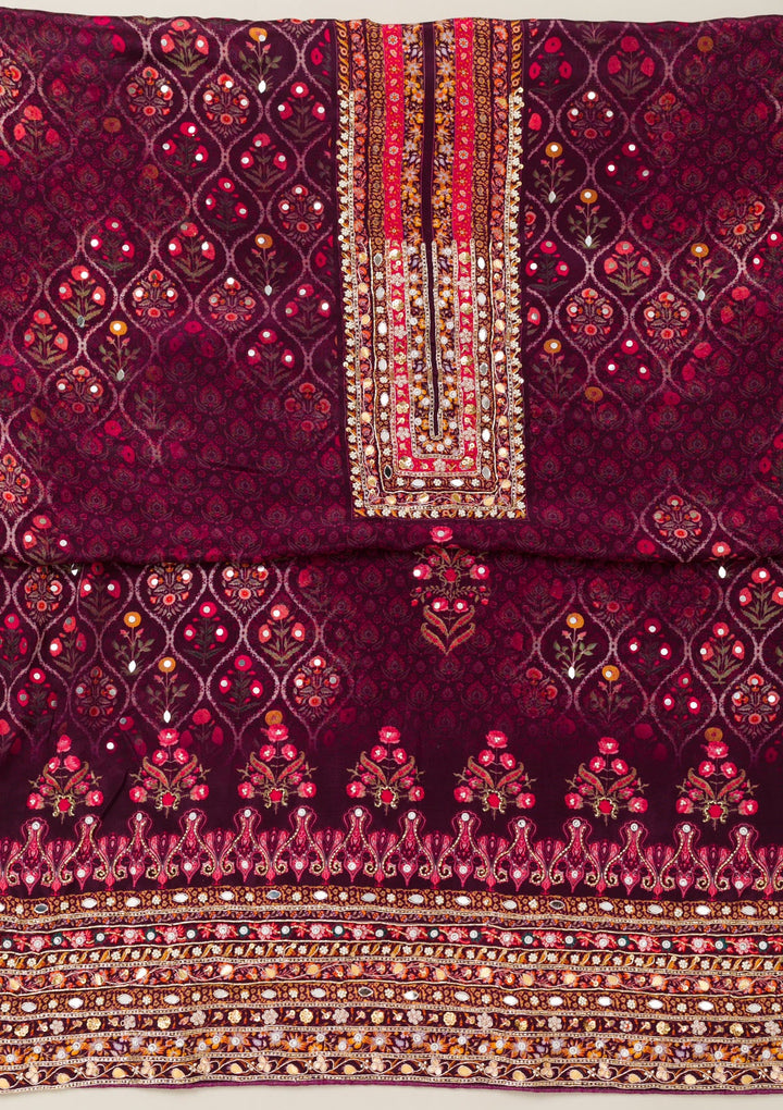Wine Cutdana Crepe Unstitched Salwar Suit-Koskii