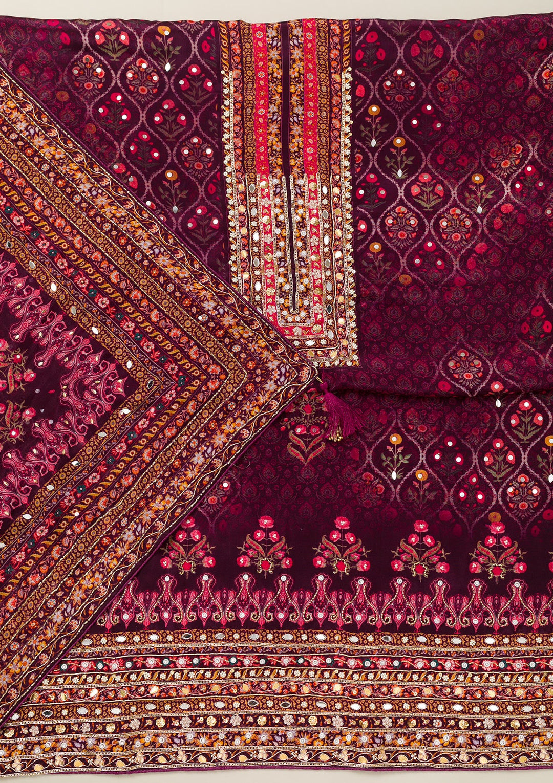 Wine Cutdana Crepe Unstitched Salwar Suit-Koskii