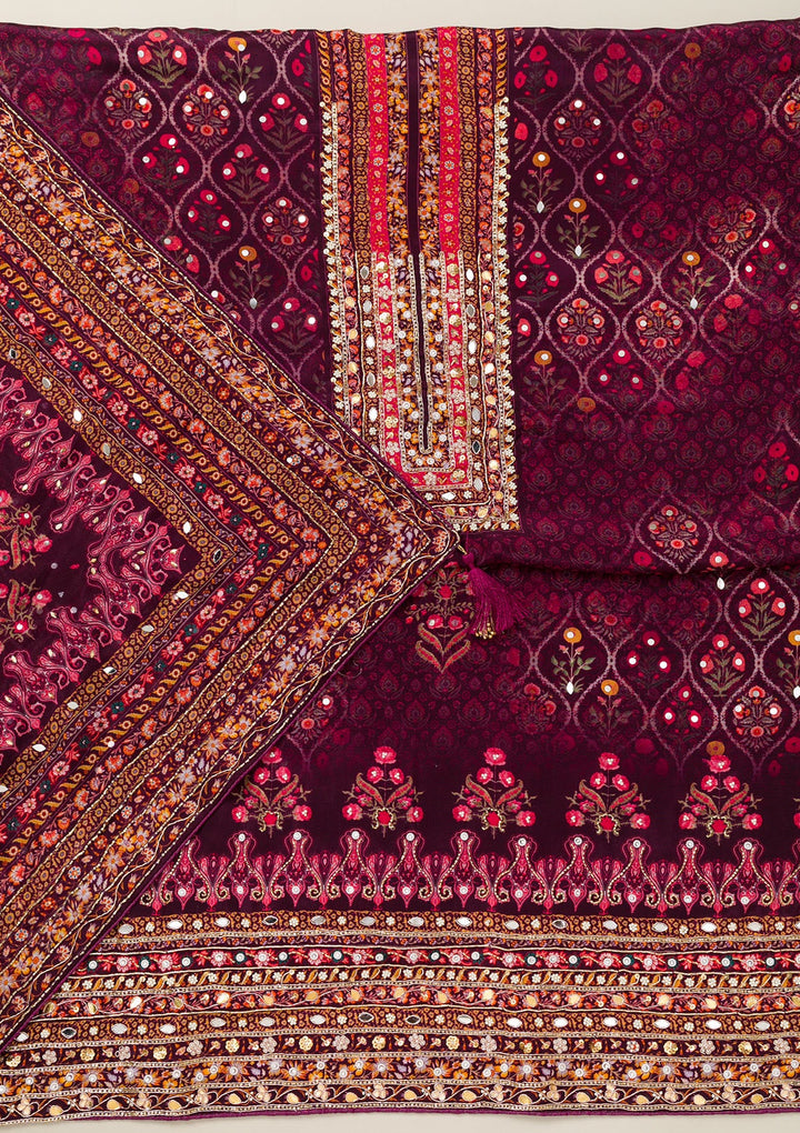 Wine Cutdana Crepe Unstitched Salwar Suit-Koskii