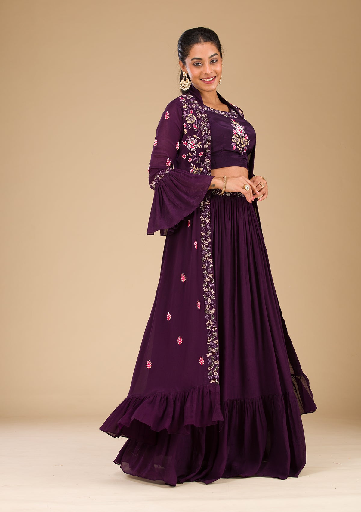 Wine Cutdana Georgette Readymade Lehenga