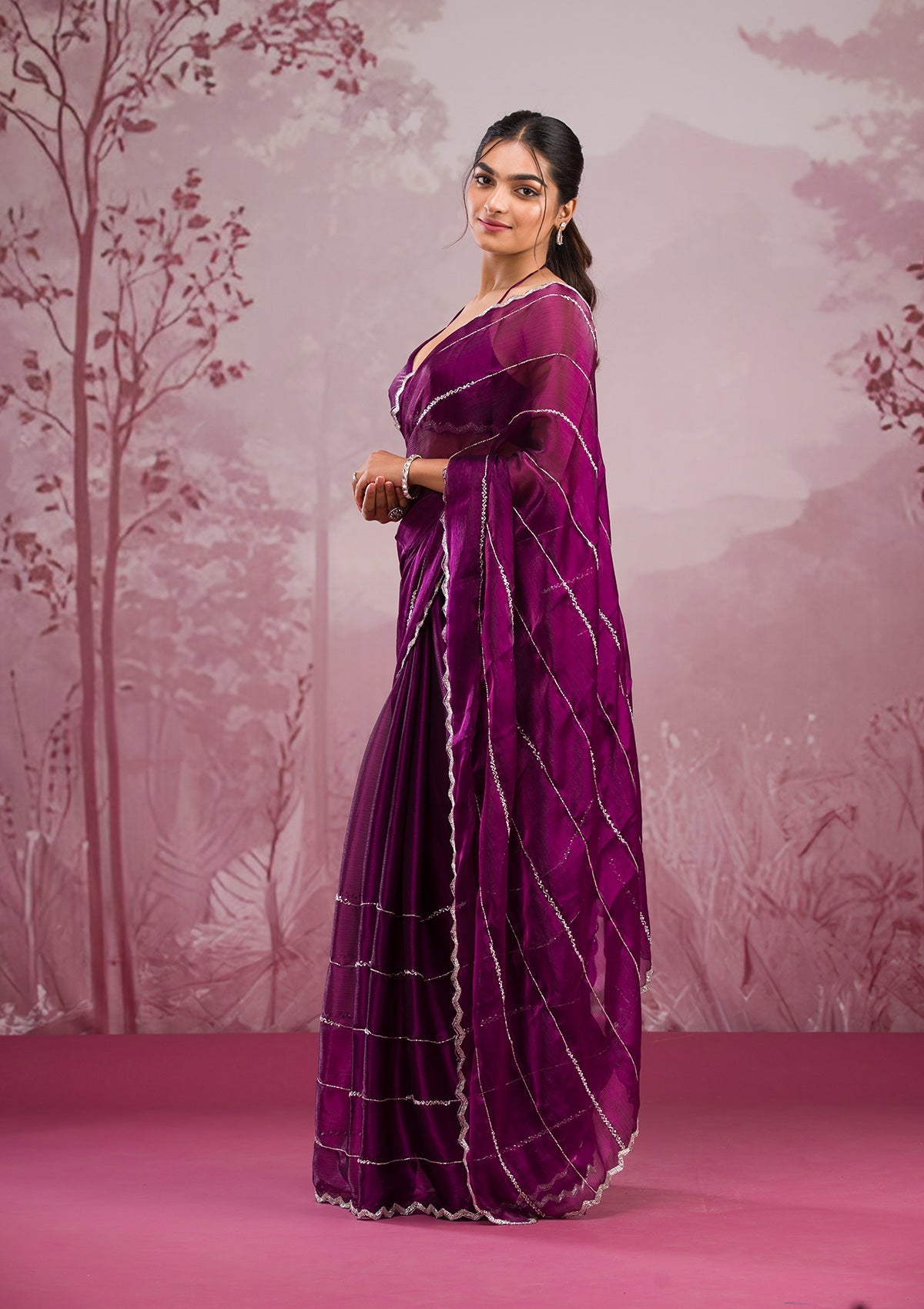 Wine Cutdana Georgette Saree-Koskii