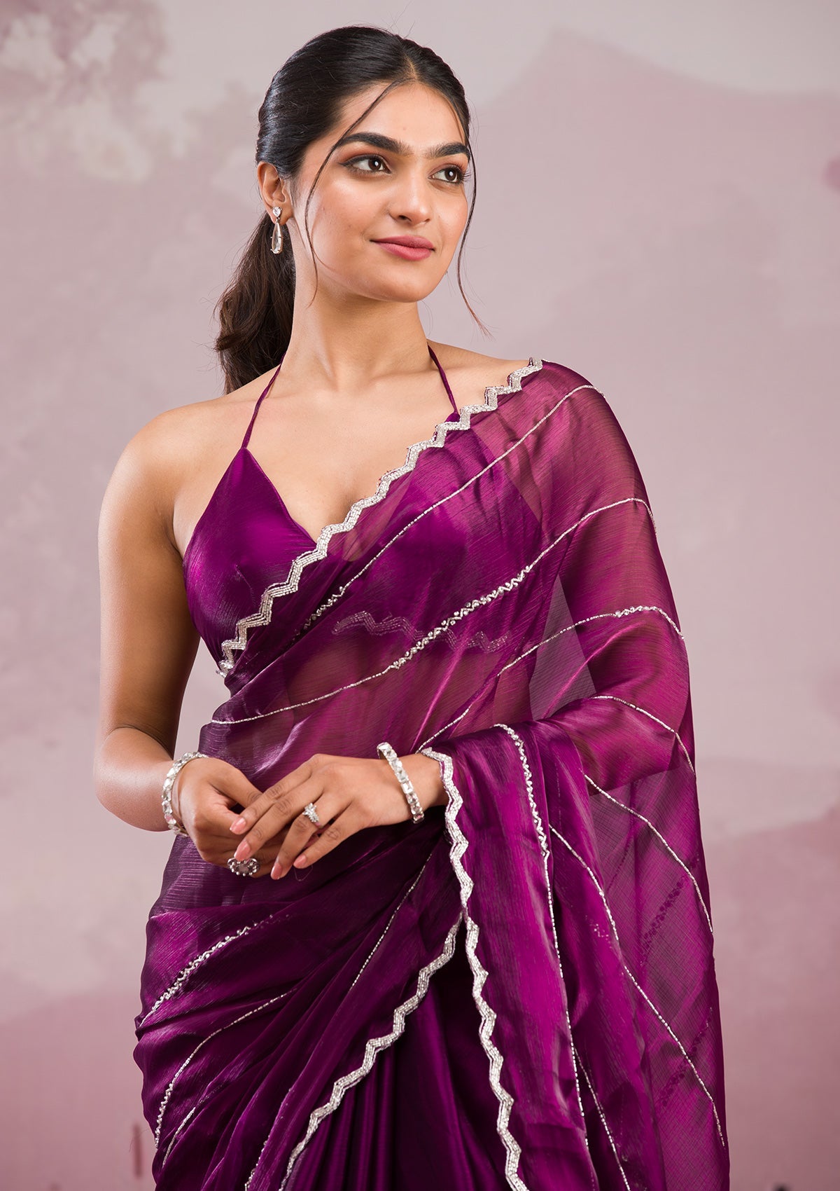 Wine Cutdana Georgette Saree-Koskii