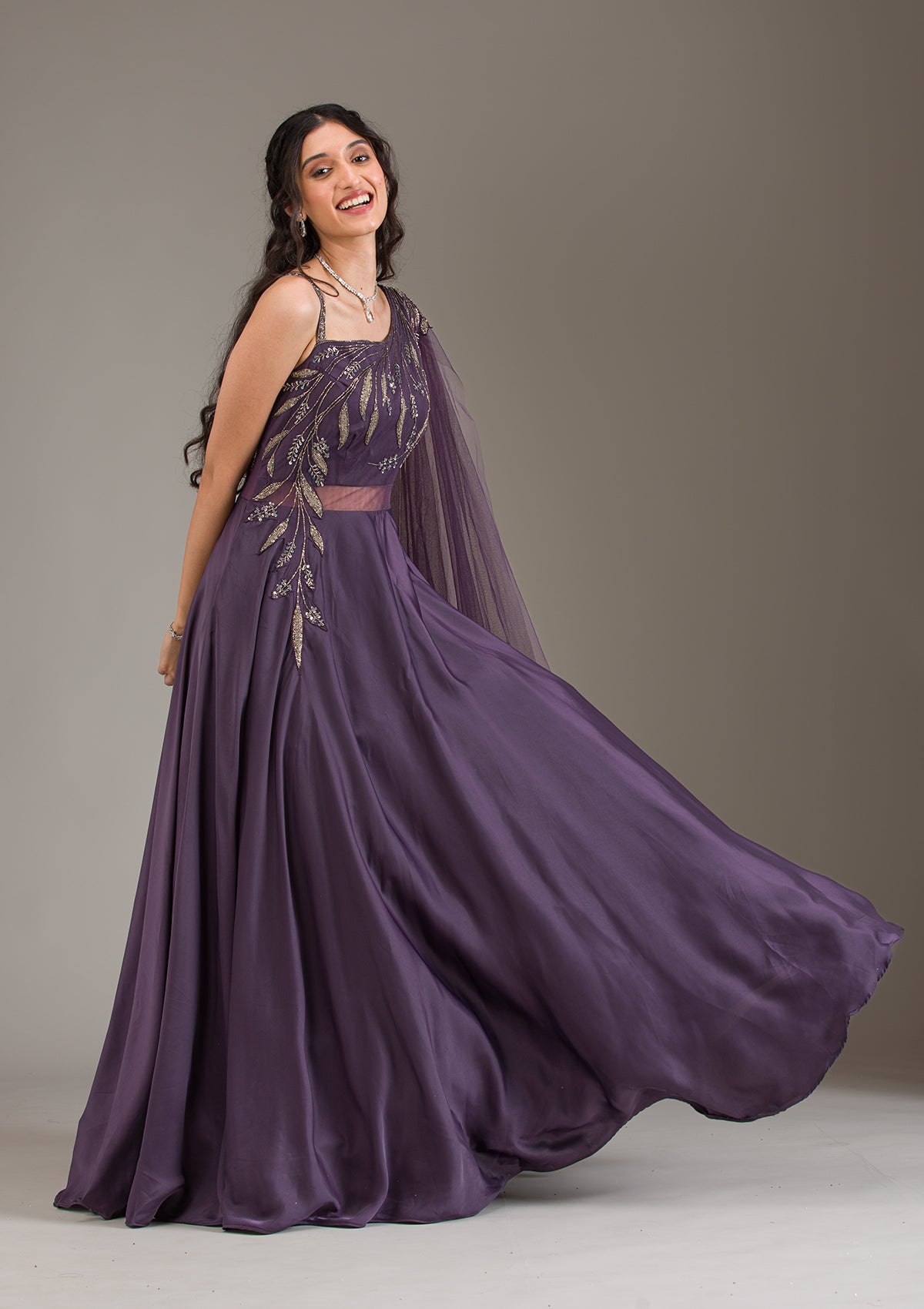 Wine Cutdana Net Gown