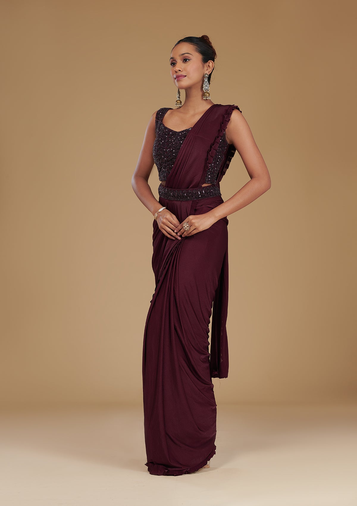 Wine Cutdana Satin Readymade Saree-Koskii