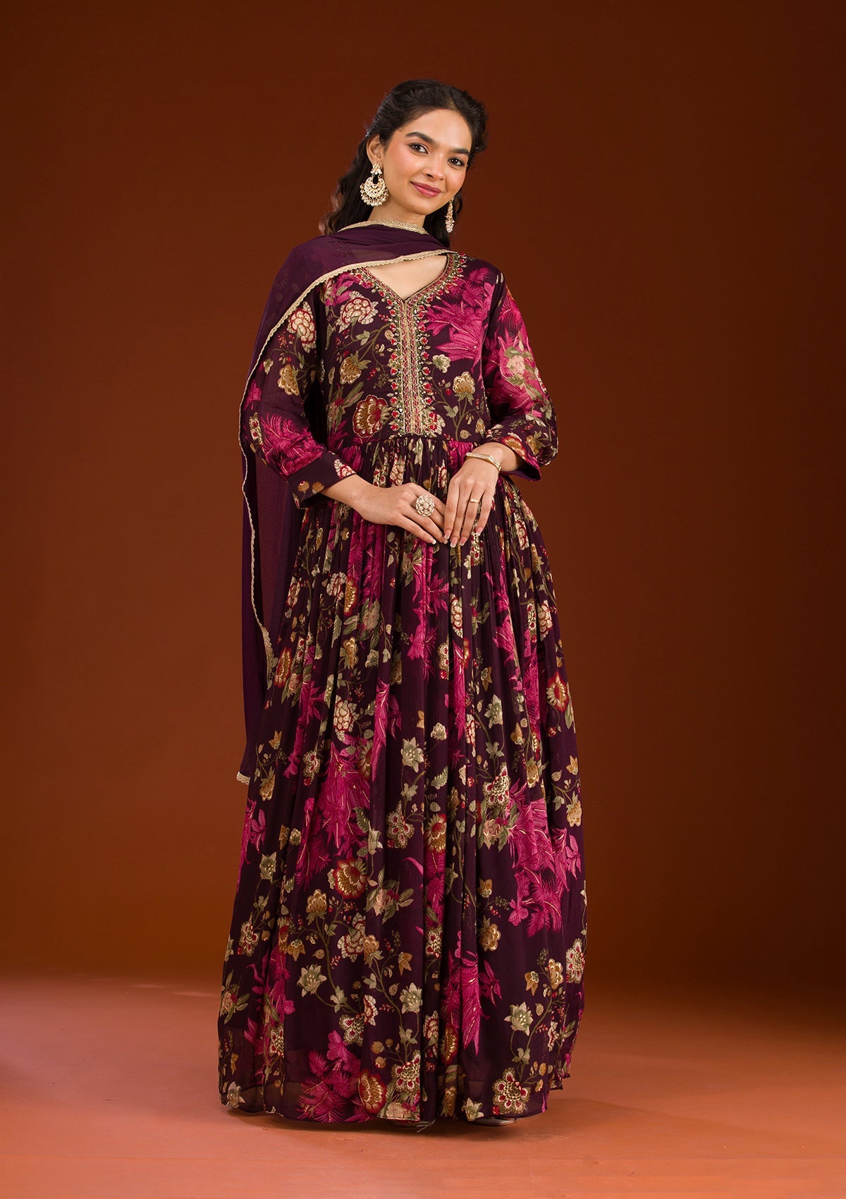 Wine Cutdana Semi Crepe Readymade Salwar Suit